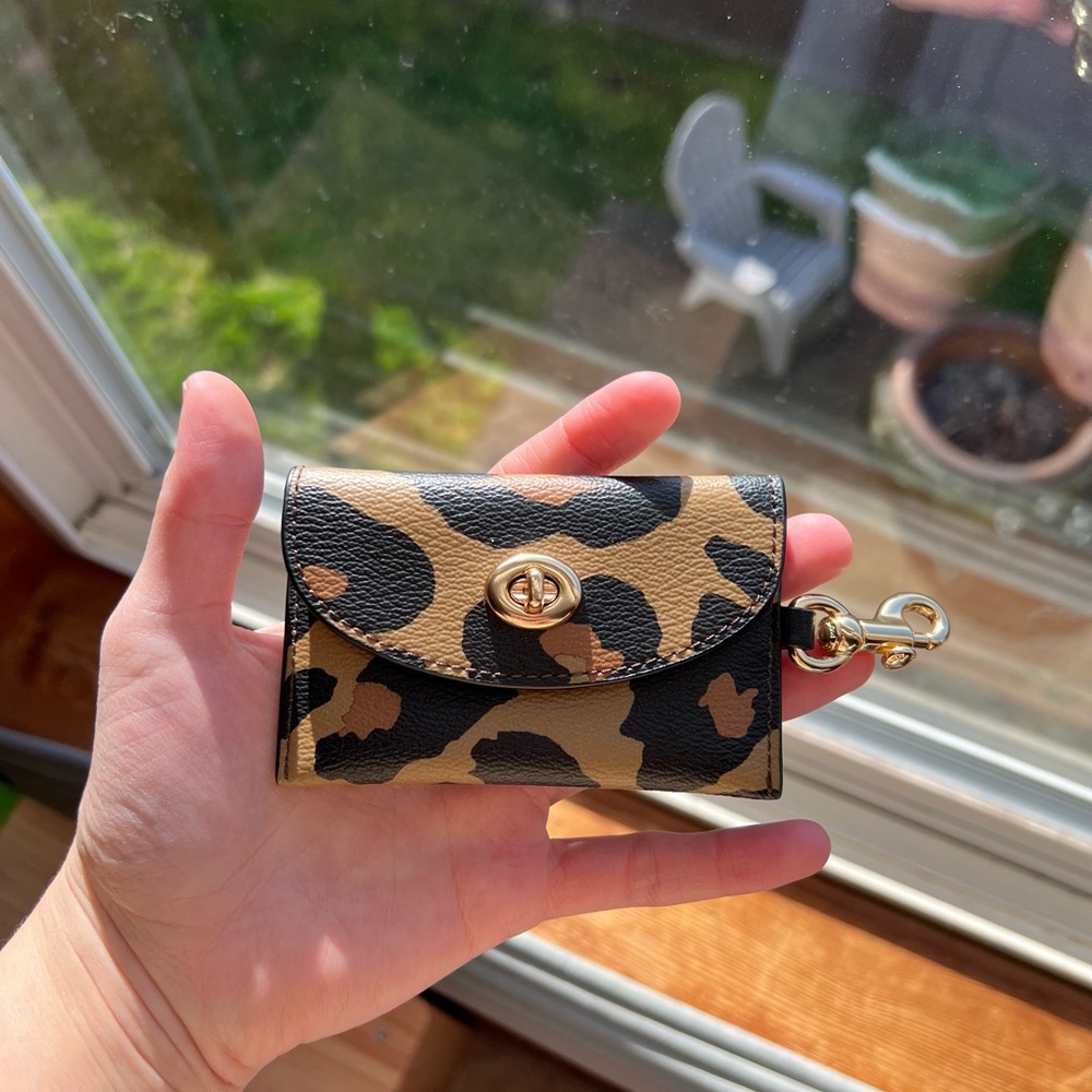 Coach Leopard Print Mini Card Case with Gold Turnlock and keychain